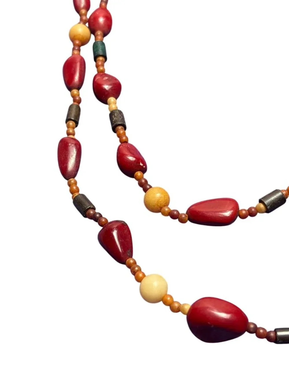 Vintage Artisan Plastic and Wooden Beaded Necklace No Clasp Red Brown Beige